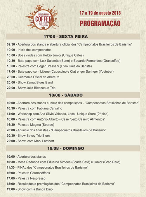 Portal São Lourenço - São Lourenço Coﬀee Music - Agosto de 2018 - Programação Completa