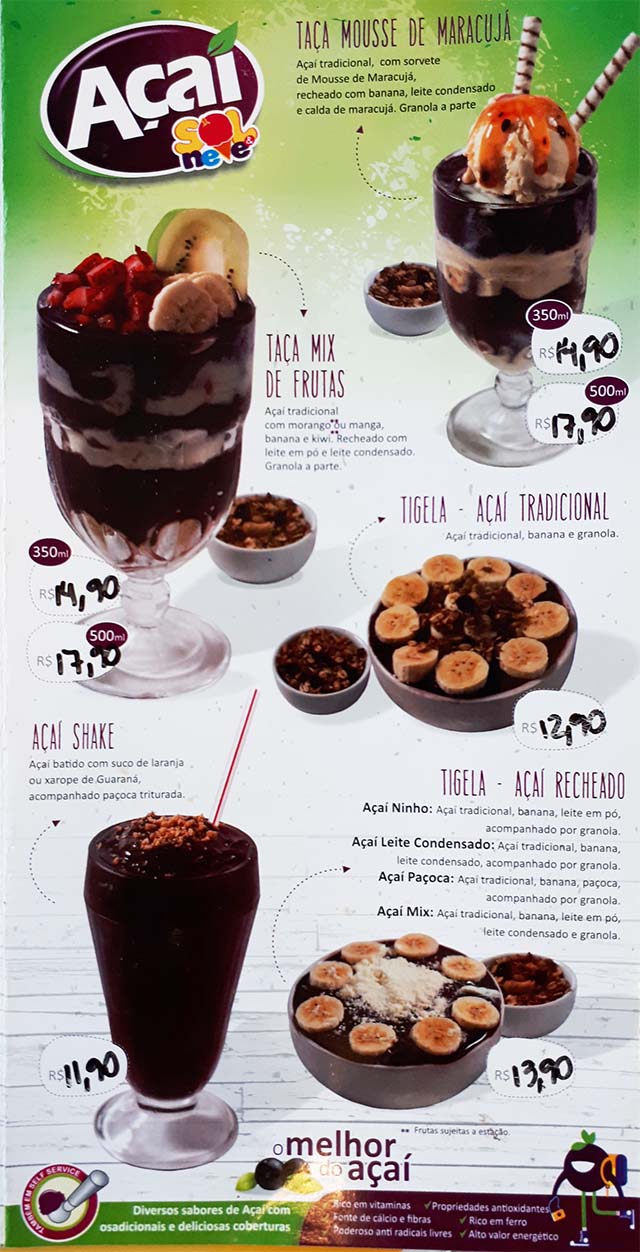 Sorveteria Sol e Neve - Cardápio Açaí - Portal São Lourenço