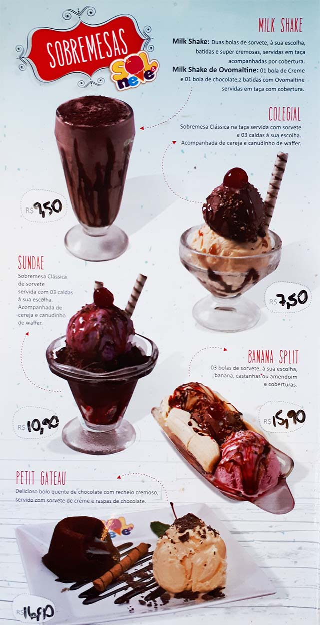 Sorveteria Sol e Neve - Cardápio sobremesa - Portal São Lourenço